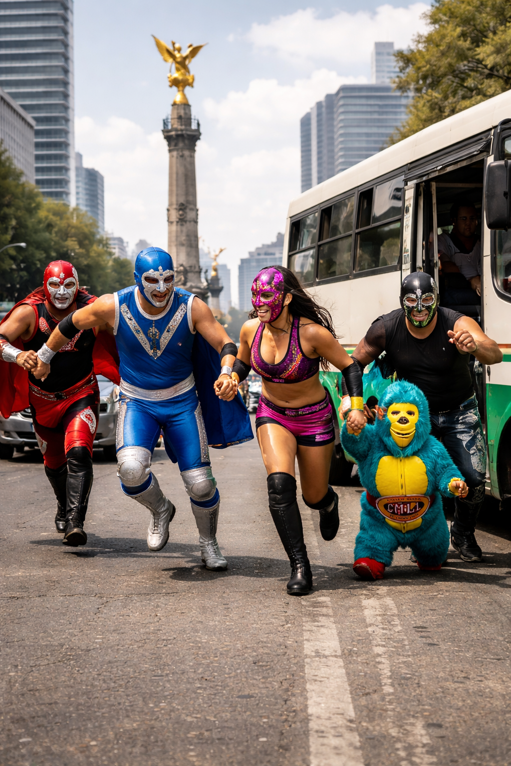 Luchadores corriendo frente al Ángel de la Independencia